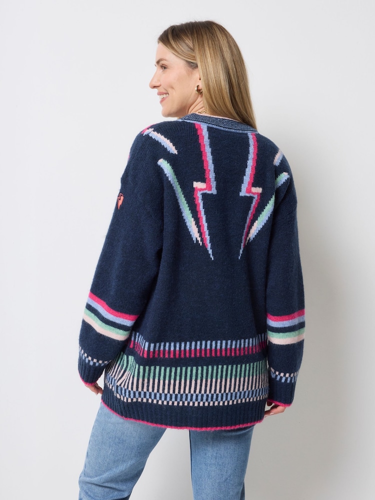 SCAMP & DUDE Blue Longline Cardigan with Rainbow Statement Bolt - Image 2 of 5 SCAMP & DUDE Blue Longline Cardigan with Rainbow Statement Bolt - Image 2 of 5