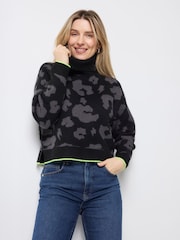SCAMP & DUDE Black Knitted Turtle Neck Jumper with Mega Leopard & Lightning Bolt - Image 1 of 4