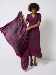 SCAMP & DUDE Grey Short Blouson Sleeve Midi Tea Leopard Ray Dress - Image 1 of 3