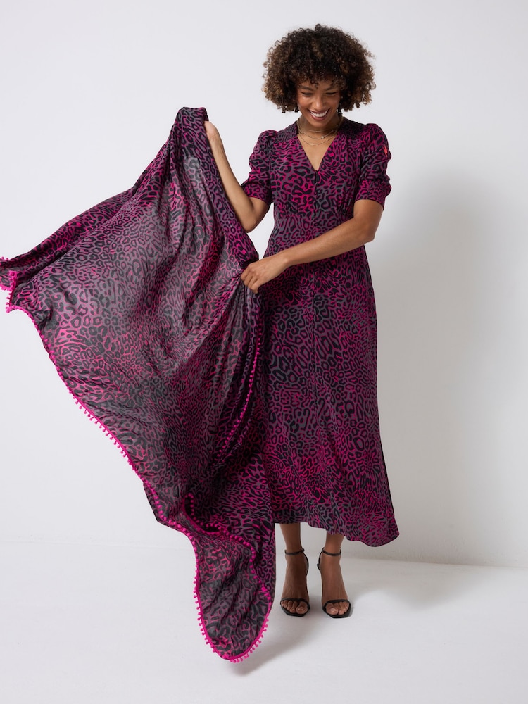 SCAMP & DUDE Grey Short Blouson Sleeve Midi Tea Leopard Ray Dress - Image 1 of 3 SCAMP & DUDE Grey Short Blouson Sleeve Midi Tea Leopard Ray Dress - Image 1 of 3