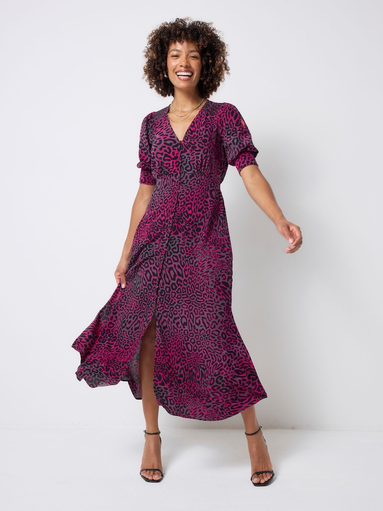 SCAMP & DUDE Grey Short Blouson Sleeve Midi Tea Leopard Ray Dress - Image 2 of 3 SCAMP & DUDE Grey Short Blouson Sleeve Midi Tea Leopard Ray Dress - Image 2 of 3