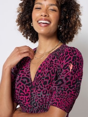 SCAMP & DUDE Grey Short Blouson Sleeve Midi Tea Leopard Ray Dress - Image 3 of 3