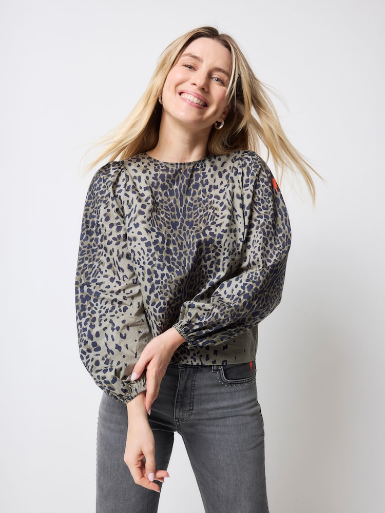 SCAMP & DUDE Green Blouson Sleeve Blouse  with Wild Leopard and Lightning Bolt - Image 1 of 4 SCAMP & DUDE Green Blouson Sleeve Blouse  with Wild Leopard and Lightning Bolt - Image 1 of 4