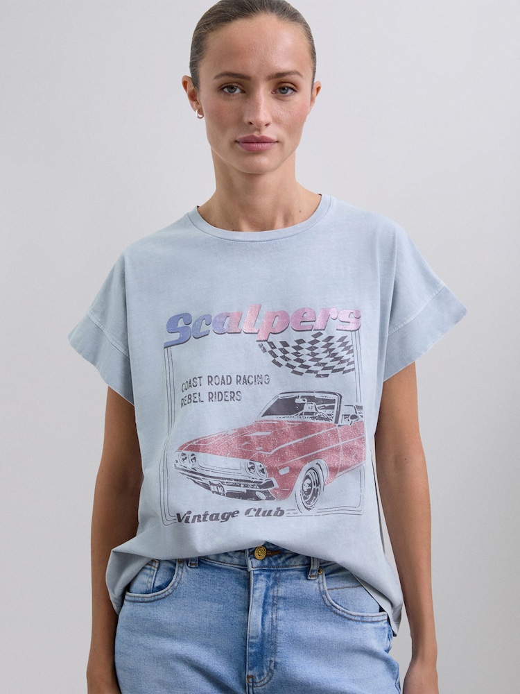 Scalpers Blue Car Print T-Shirt - Image 1 of 6 Scalpers Blue Car Print T-Shirt - Image 1 of 6