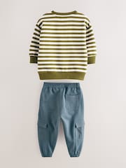 Green/Ecru Stripe Sweatshirt and Utility Joggers 2 Piece Set (3mths-7yrs) - Image 2 of 4