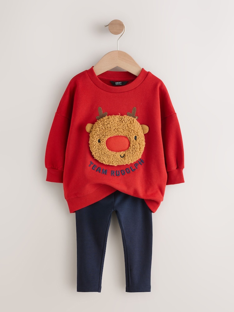 Red Boucle Rudolph Christmas Leggings and Crew Set (3mths-7yrs) - Image 2 of 7