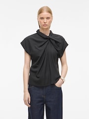 Rouge Edit Short Sleeve Twist Neck Detail Black Top - Image 1 of 3