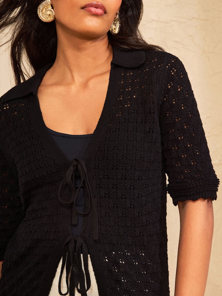 Love & Roses Black Tie Front Crochet Cardigan - Image 2 of 4