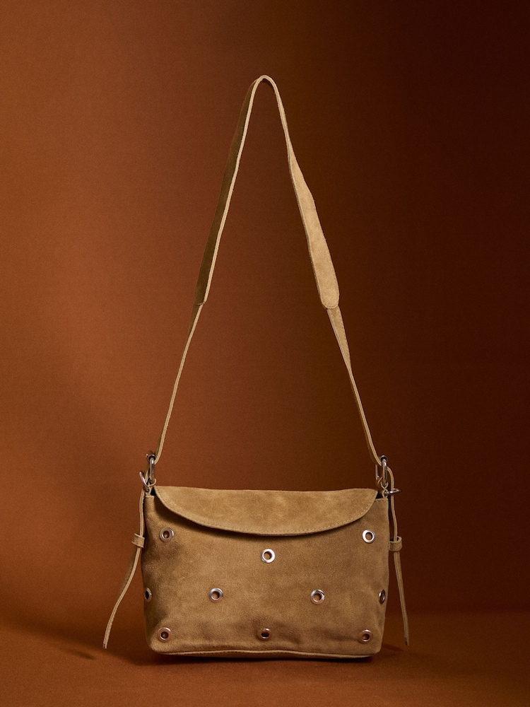 Apricot Brown Eyelet Suede Crosbody Bag - Image 1 of 2 Apricot Brown Eyelet Suede Crosbody Bag - Image 1 of 2