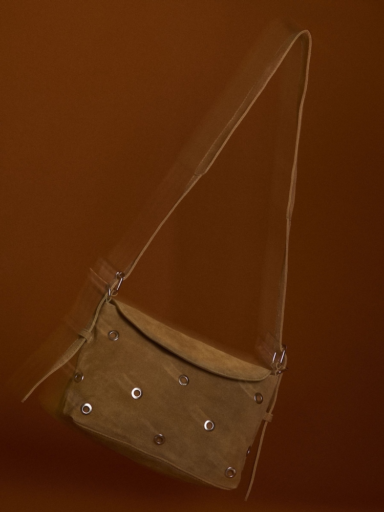 Apricot Brown Eyelet Suede Crosbody Bag - Image 2 of 2 Apricot Brown Eyelet Suede Crosbody Bag - Image 2 of 2