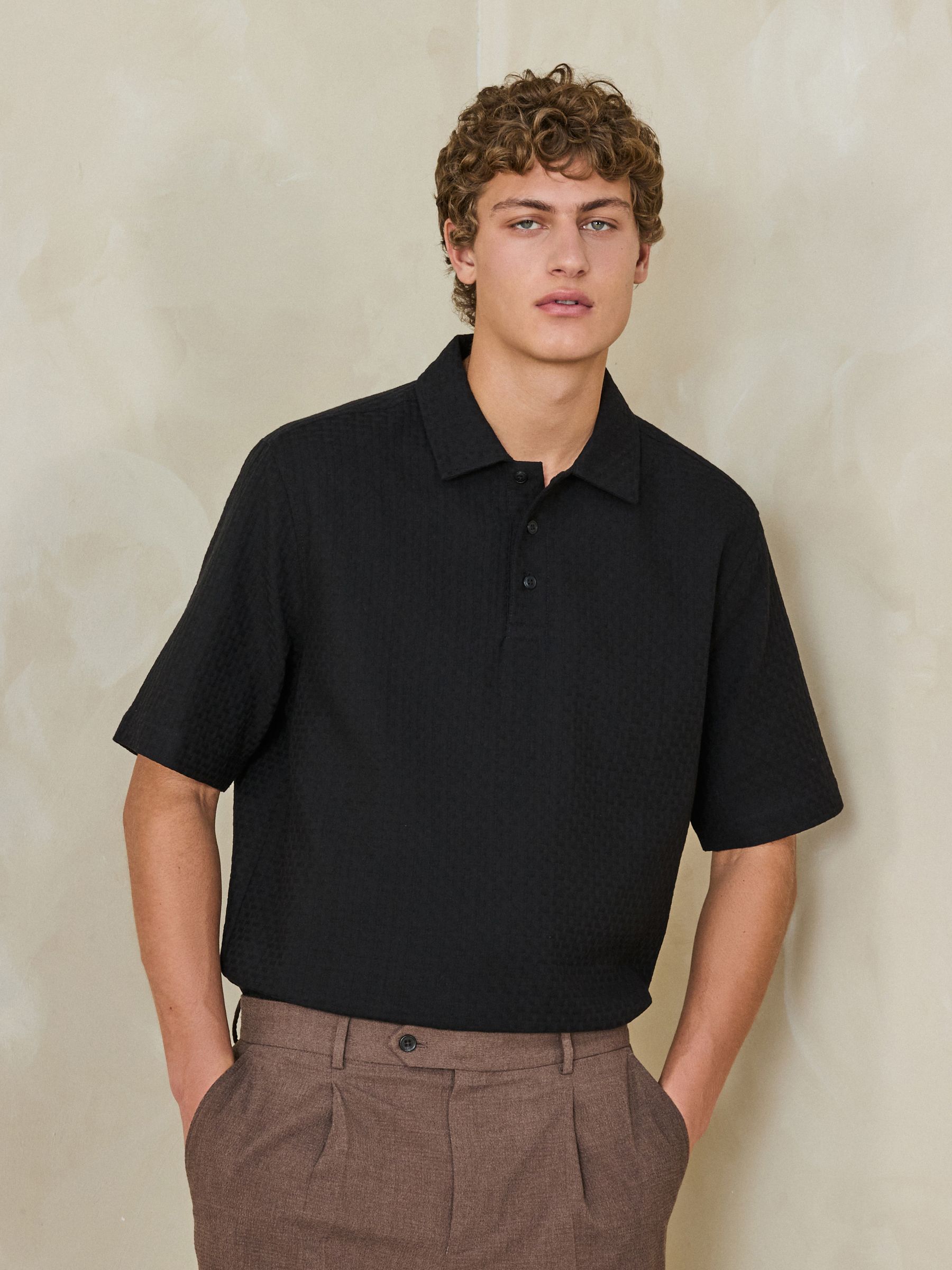 Buy Black Woven Textured Boxy-Fit Polo Shirt from Next USA