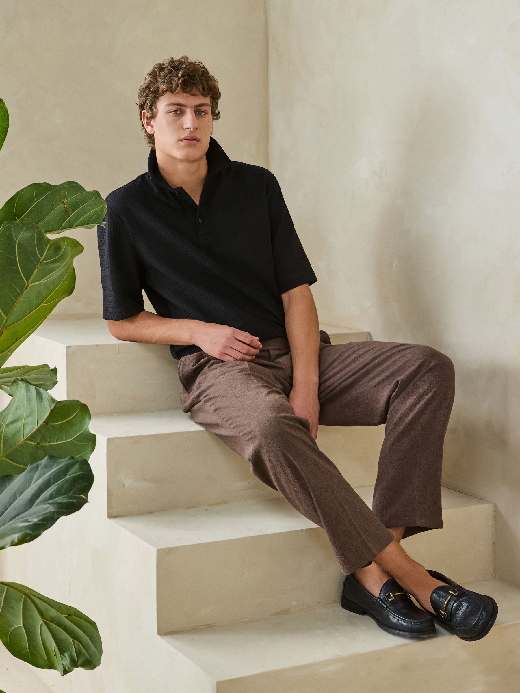 Buy Black Woven Textured Boxy-Fit Polo Shirt from Next USA