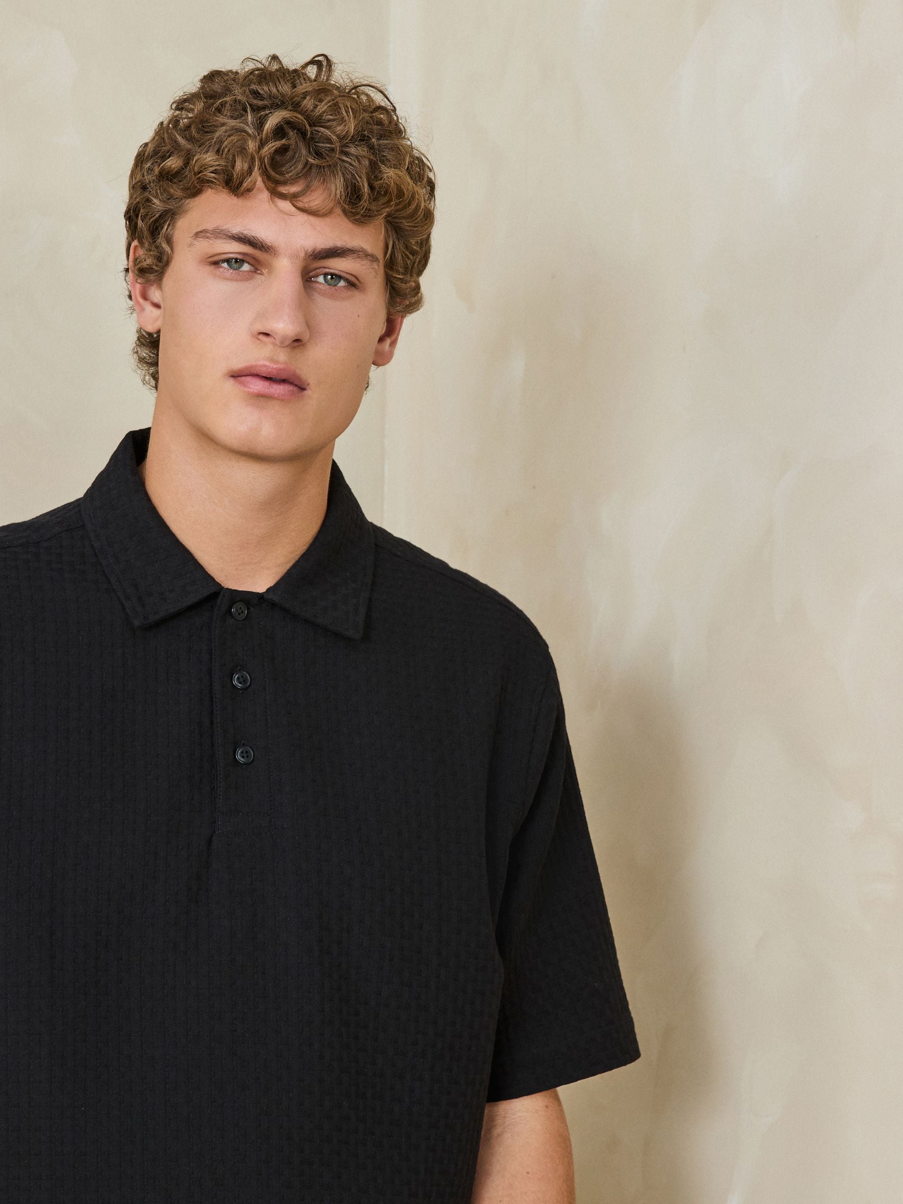 Buy Black Woven Textured Boxy-Fit Polo Shirt from Next USA