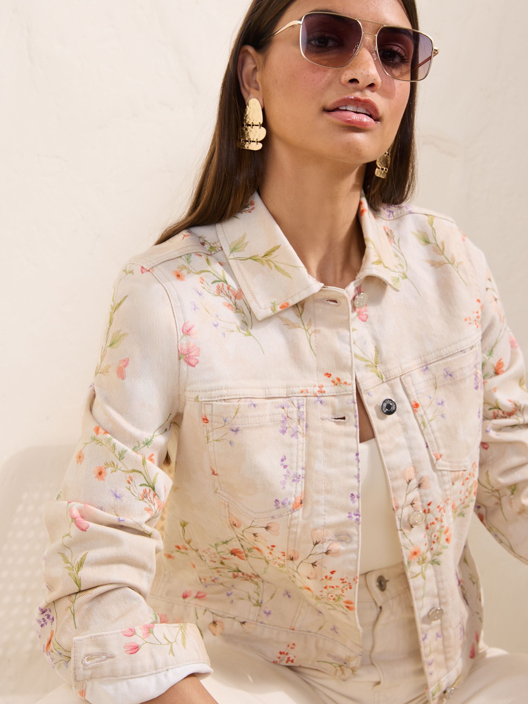 Buy Friends Like These Cream Floral Print Collared Denim Jacket
