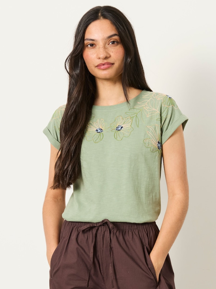 FatFace Ivy Green Embroidered Placement Floral T-Shirt - Image 1 of 6 FatFace Ivy Green Embroidered Placement Floral T-Shirt - Image 1 of 6