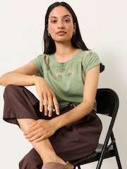 FatFace Ivy Green Embroidered Placement Floral T-Shirt - Image 5 of 6