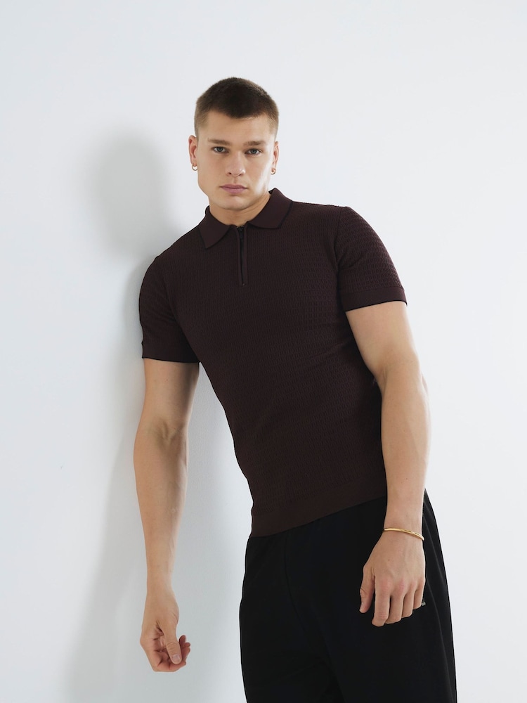 River Island Red Textured Muscle Fit Zip Polo Shirt - Image 1 of 6 River Island Red Textured Muscle Fit Zip Polo Shirt - Image 1 of 6