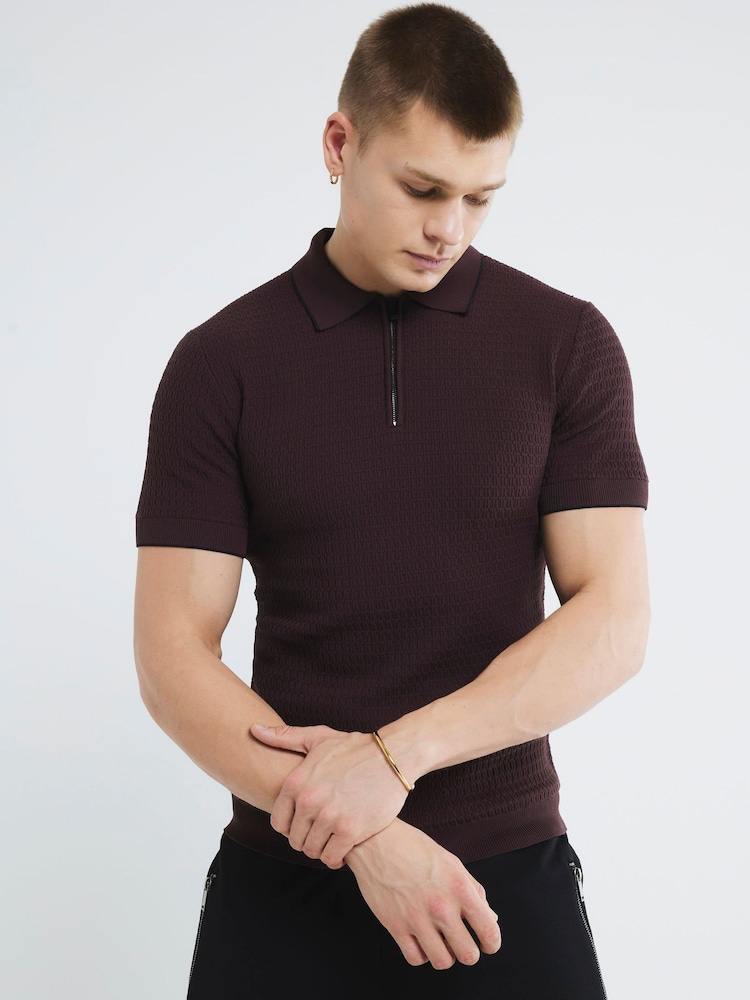 River Island Red Textured Muscle Fit Zip Polo Shirt - Image 2 of 6 River Island Red Textured Muscle Fit Zip Polo Shirt - Image 2 of 6