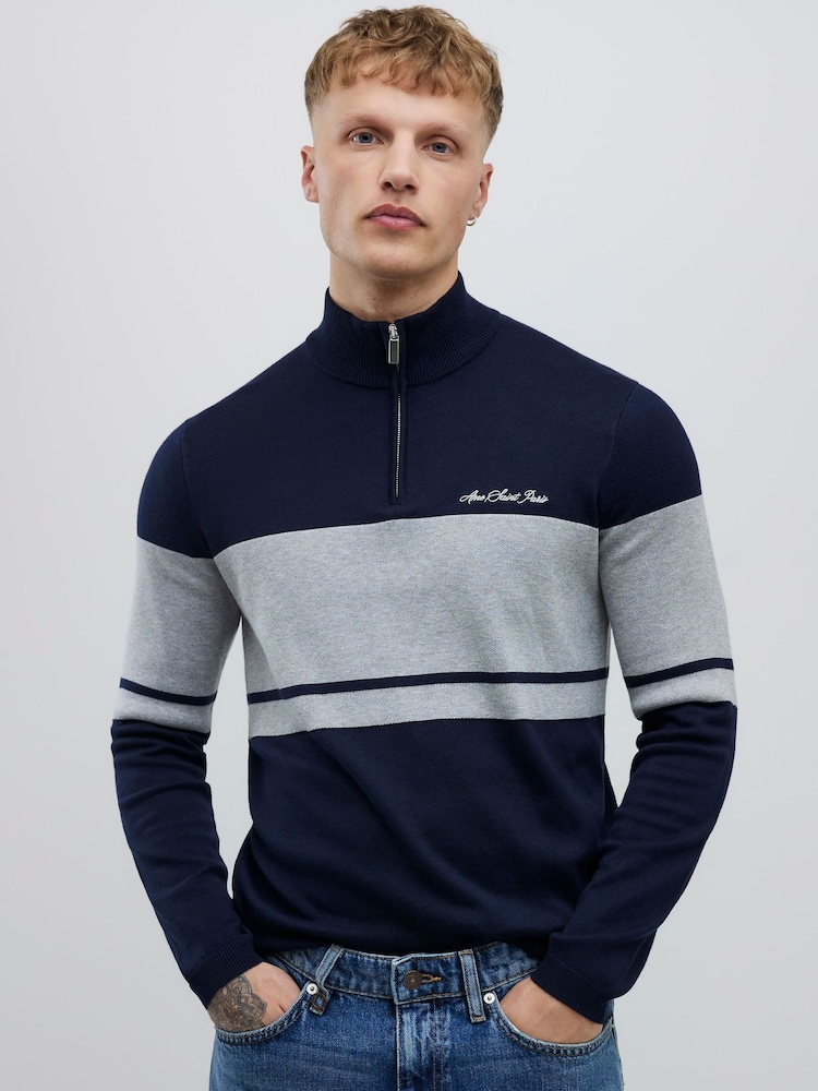 River Island Slim Fit Premium Viscose Quarter Zip Blocked Jumper - Imagen 1 de 4 River Island Slim Fit Premium Viscose Quarter Zip Blocked Jumper - Imagen 1 de 4