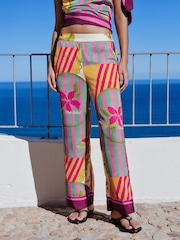 وردي/فيروزي مورد طبعة - بنطلون ستان برجل واسعة - صورة 5 من 10