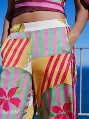 وردي/فيروزي مورد طبعة - بنطلون ستان برجل واسعة - صورة 7 من 10