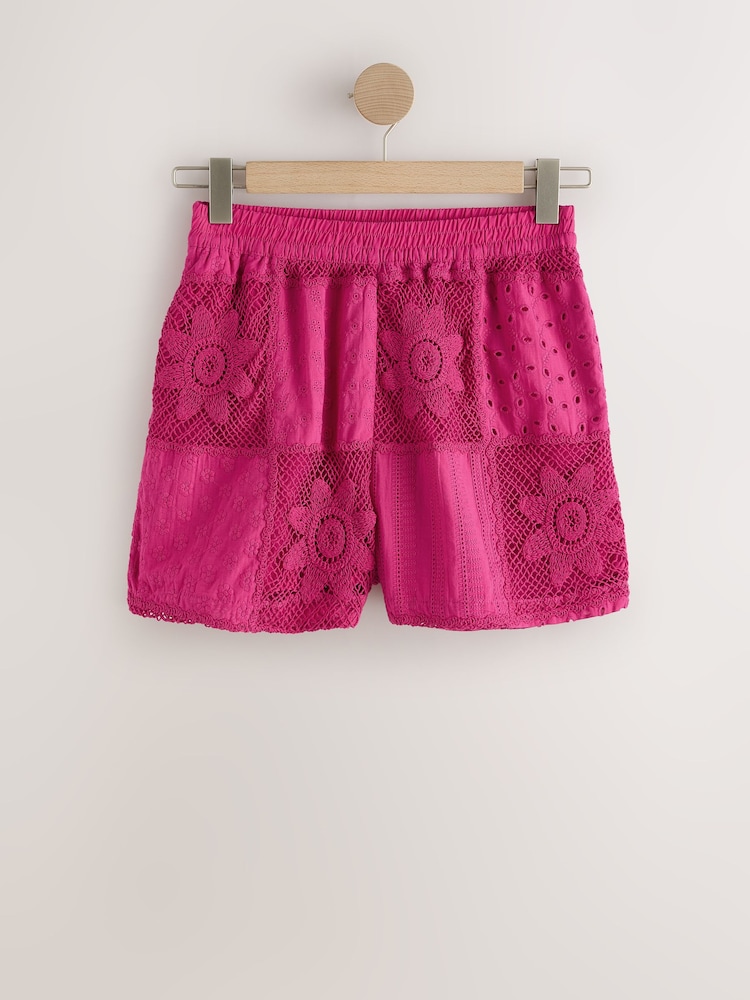 Hot Pink N. Premium Crochet Patchwork Shorts - Image 1 of 3