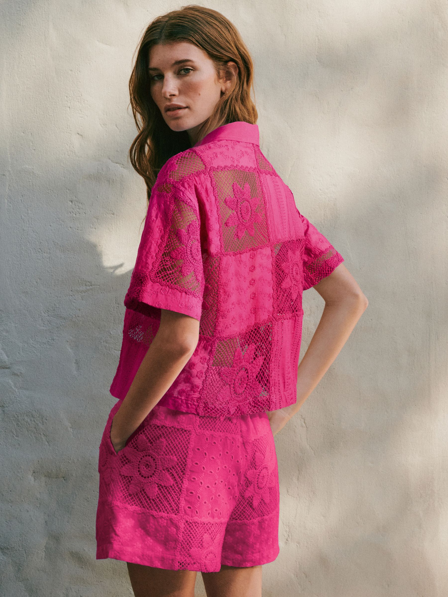 Buy Hot Pink N. Premium Crochet Patchwork Short Sleeve Shirt from