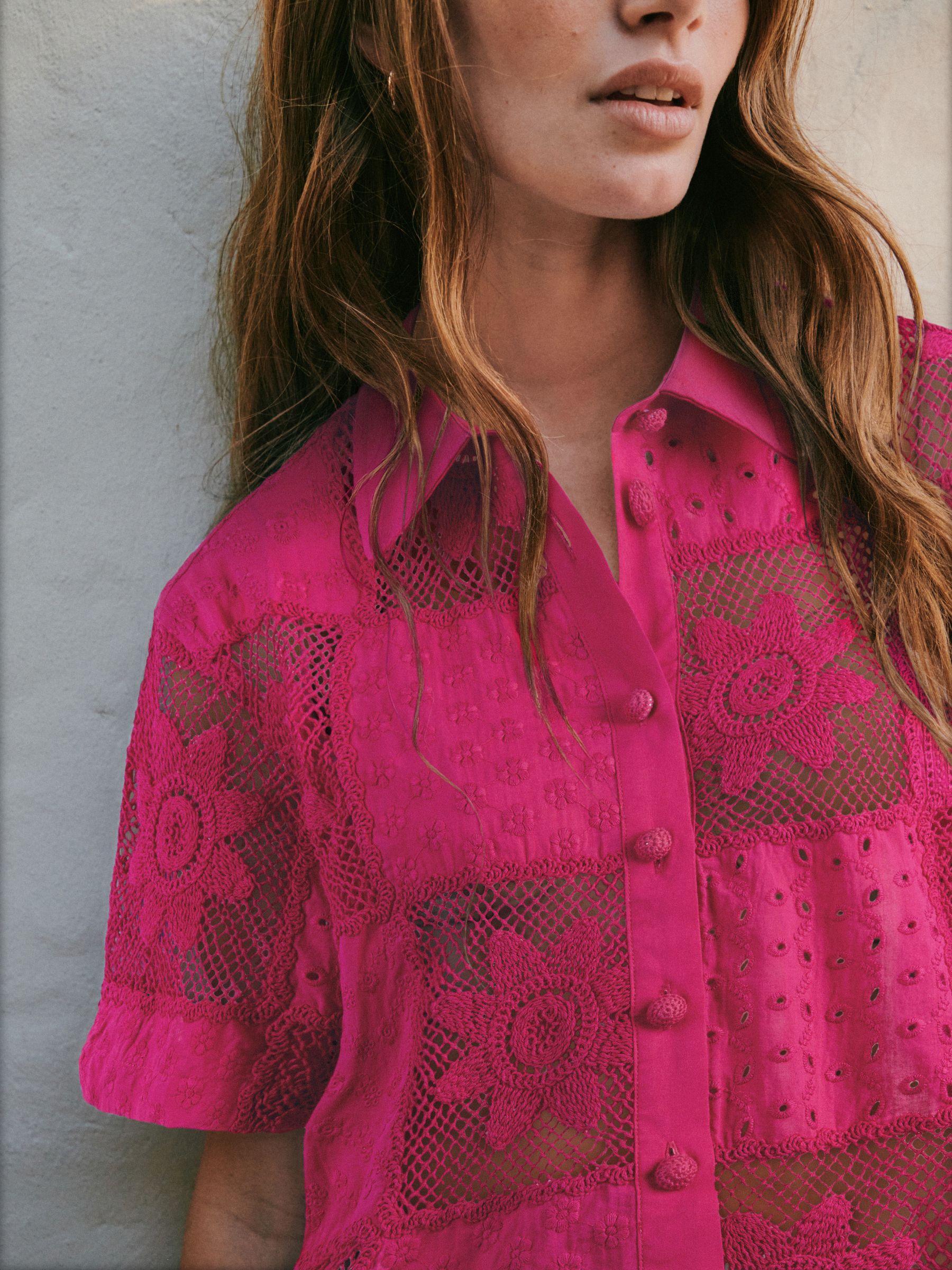 Buy Hot Pink N. Premium Crochet Patchwork Short Sleeve Shirt from