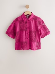 Hot Pink N. Premium Crochet Patchwork Short Sleeve Shirt - Image 4 of 6