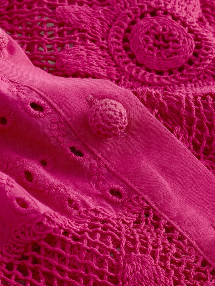 Hot Pink N. Premium Crochet Patchwork Short Sleeve Shirt - Image 6 of 6