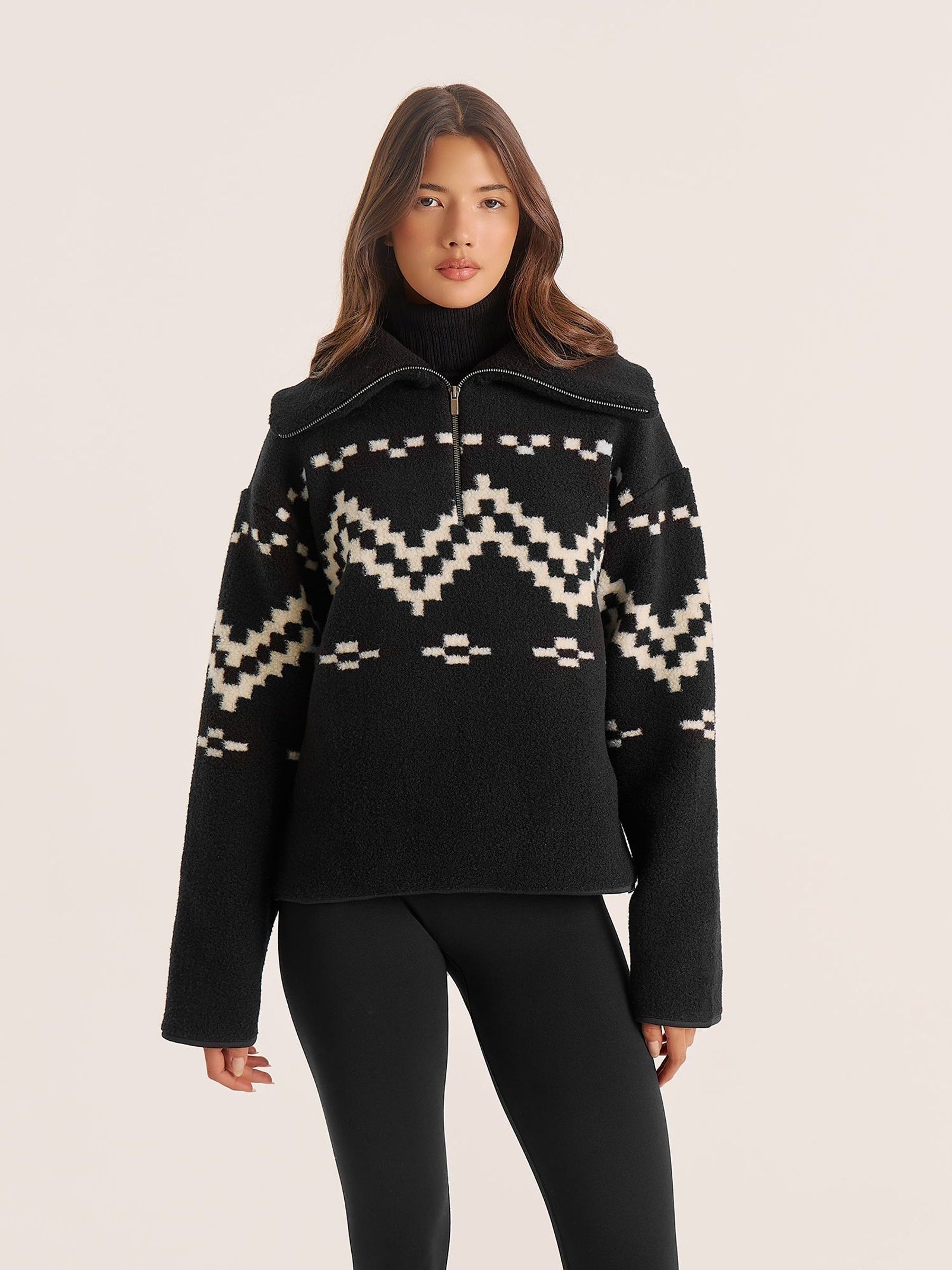 【1111】 Buy 4th & Reckless Black Dayna Half Zip Fairisle Fleece from the