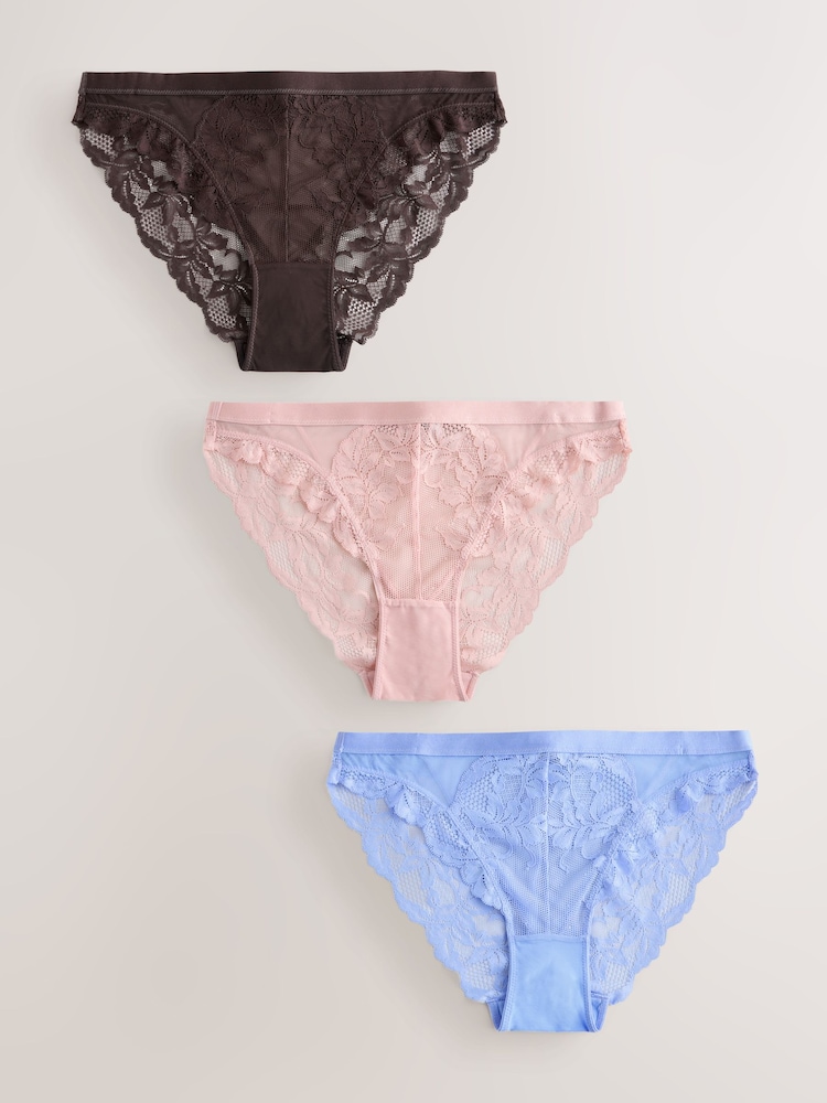 Chocolate/Pink/Blue Lace Knickers 3 Pack - Image 1 of 9 Chocolate/Pink/Blue Lace Knickers 3 Pack - Image 1 of 9