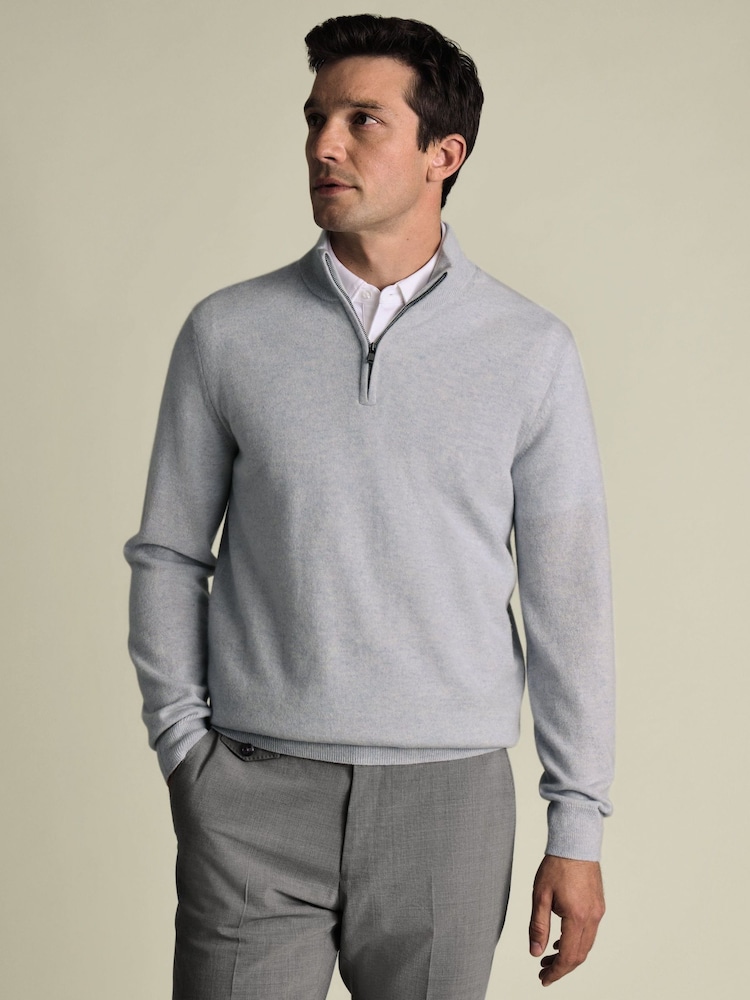 Charles Tyrwhitt Blue Marl Denim Cashmere Zip Neck Jumper - Image 1 of 5 Charles Tyrwhitt Blue Marl Denim Cashmere Zip Neck Jumper - Image 1 of 5