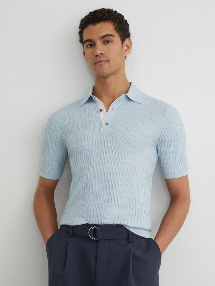 Reiss Soft Blue Era Textured-Knit Half-Button Polo Shirt - Image 1 of 6 Reiss Soft Blue Era Textured-Knit Half-Button Polo Shirt - Image 1 of 6