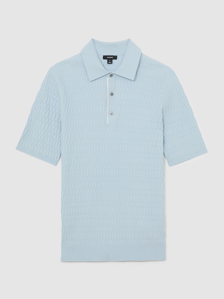 Reiss Soft Blue Era Textured-Knit Half-Button Polo Shirt - Image 2 of 6 Reiss Soft Blue Era Textured-Knit Half-Button Polo Shirt - Image 2 of 6
