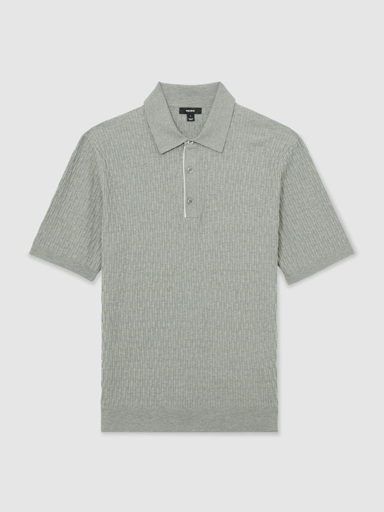Reiss Soft Sage Era Textured-Knit Half-Button Polo Shirt - Image 2 of 6 Reiss Soft Sage Era Textured-Knit Half-Button Polo Shirt - Image 2 of 6