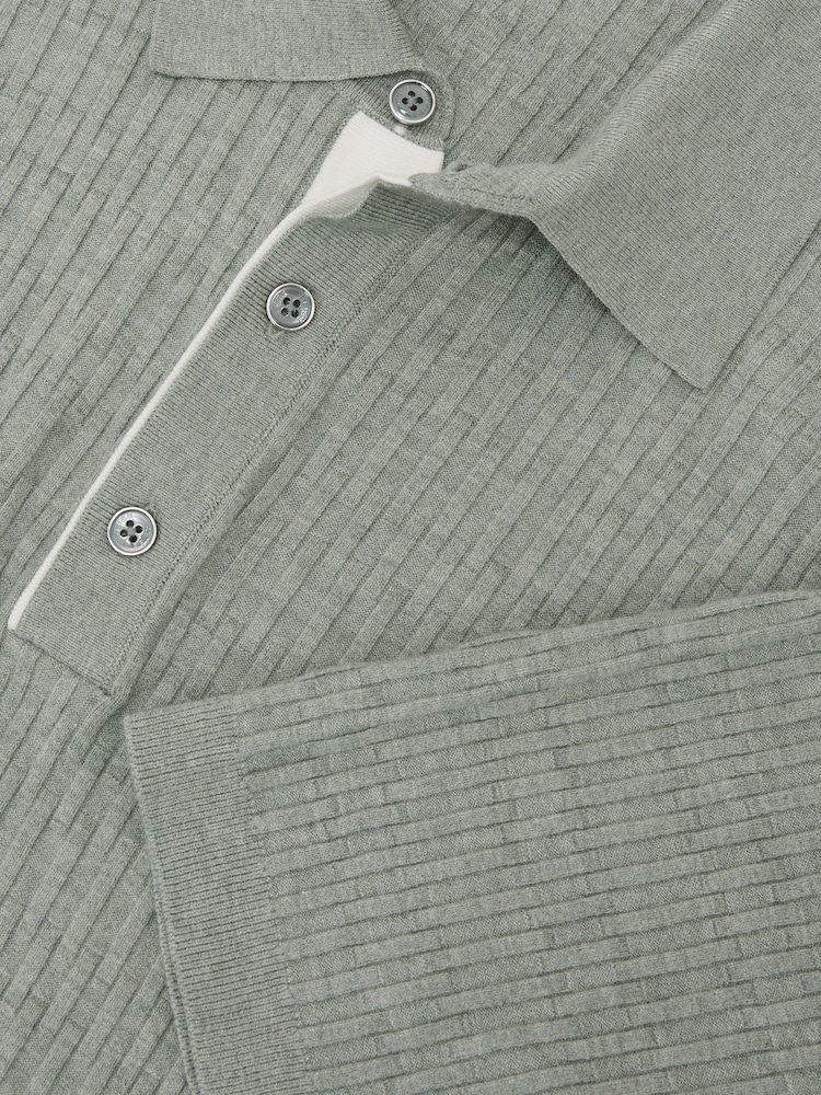 Reiss Soft Sage Era Textured-Knit Half-Button Polo Shirt - Image 6 of 6 Reiss Soft Sage Era Textured-Knit Half-Button Polo Shirt - Image 6 of 6