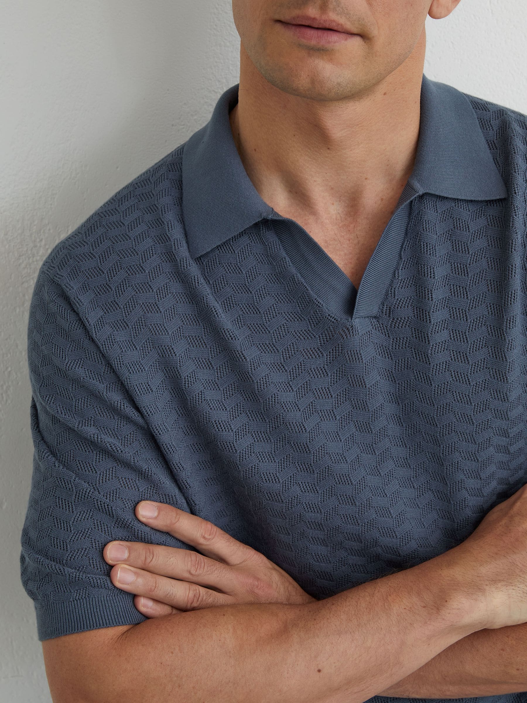 Buy Reiss Airforce Blue Sol Textured-Knit Open-Collar Polo Shirt