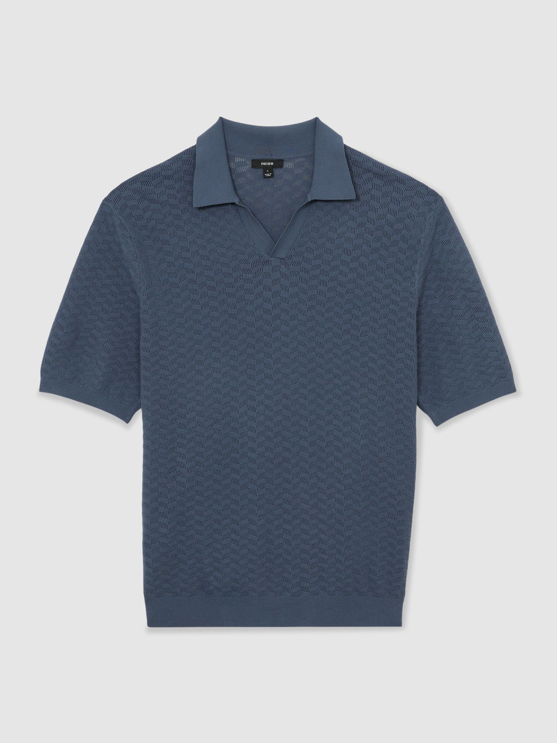 Buy Reiss Airforce Blue Sol Textured-Knit Open-Collar Polo Shirt