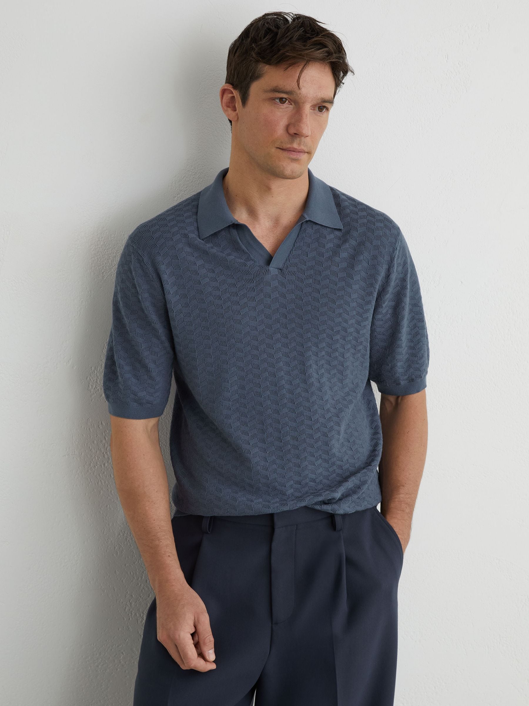 Buy Reiss Airforce Blue Sol Textured-Knit Open-Collar Polo Shirt