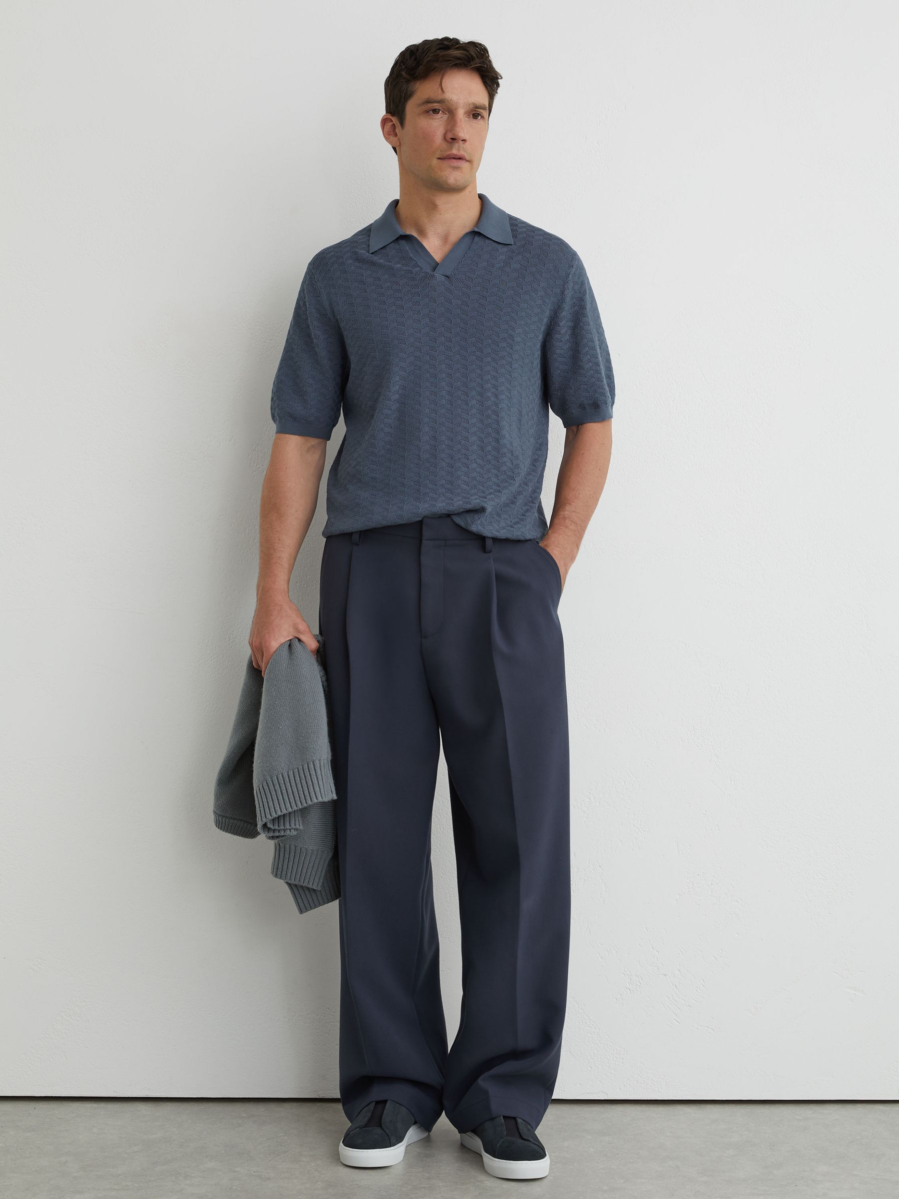 Buy Reiss Airforce Blue Sol Textured-Knit Open-Collar Polo Shirt