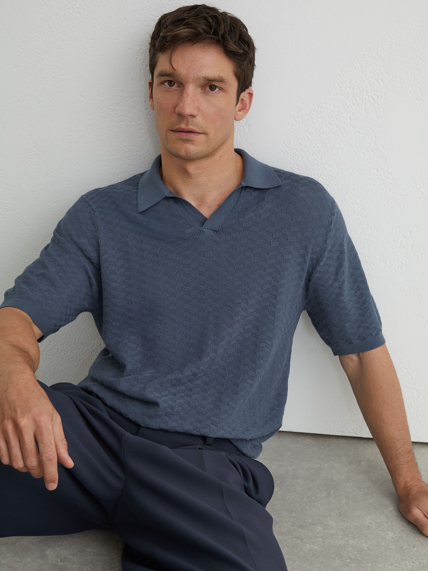 Buy Reiss Airforce Blue Sol Textured-Knit Open-Collar Polo Shirt