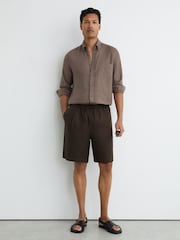 Reiss Chocolate Brown Barges Linen Drawstring Shorts - Image 1 of 5