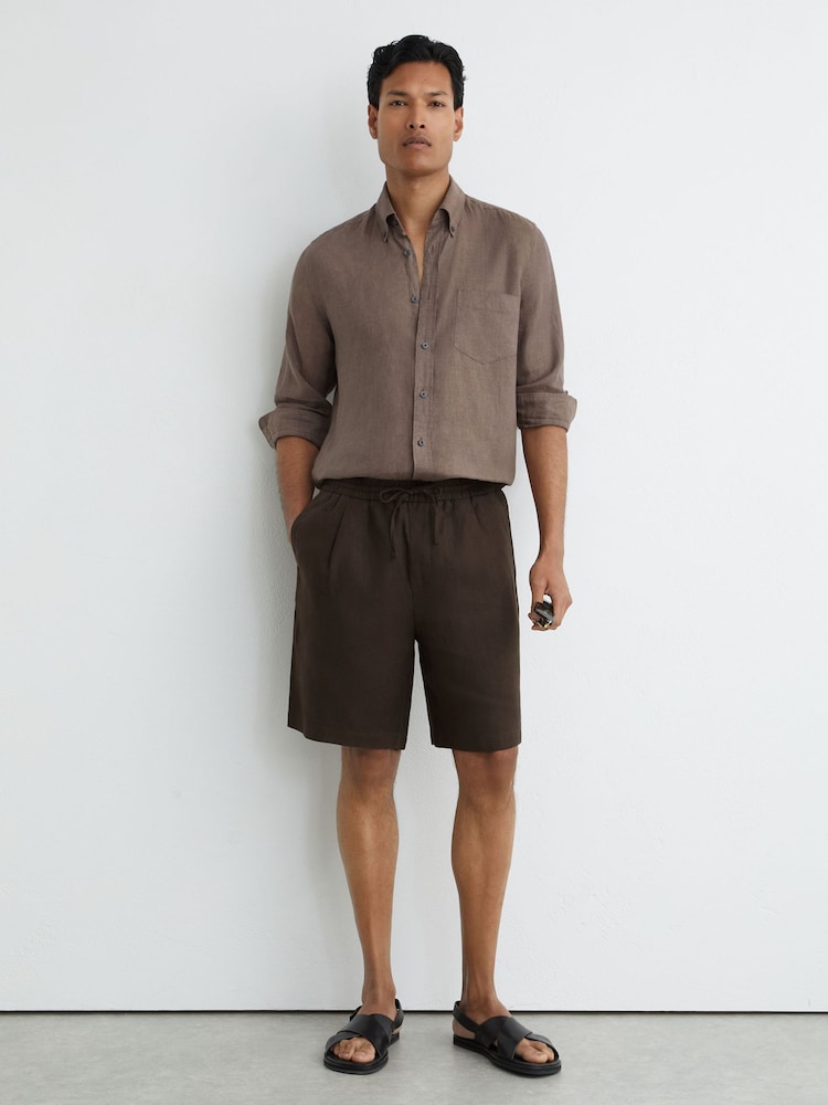 Reiss Chocolate Brown Barges Linen Drawstring Shorts - Image 1 of 5