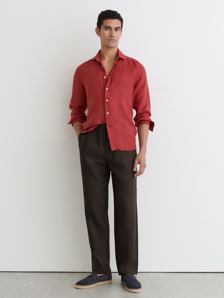 Reiss Chocolate Brown Barges Linen Relaxed-Fit Drawstring Trousers - Image 1 of 6 Reiss Chocolate Brown Barges Linen Relaxed-Fit Drawstring Trousers - Image 1 of 6