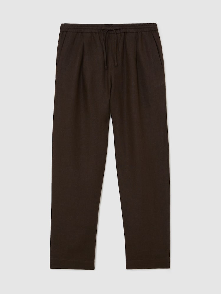 Reiss Chocolate Brown Barges Linen Relaxed-Fit Drawstring Trousers - Image 2 of 6 Reiss Chocolate Brown Barges Linen Relaxed-Fit Drawstring Trousers - Image 2 of 6
