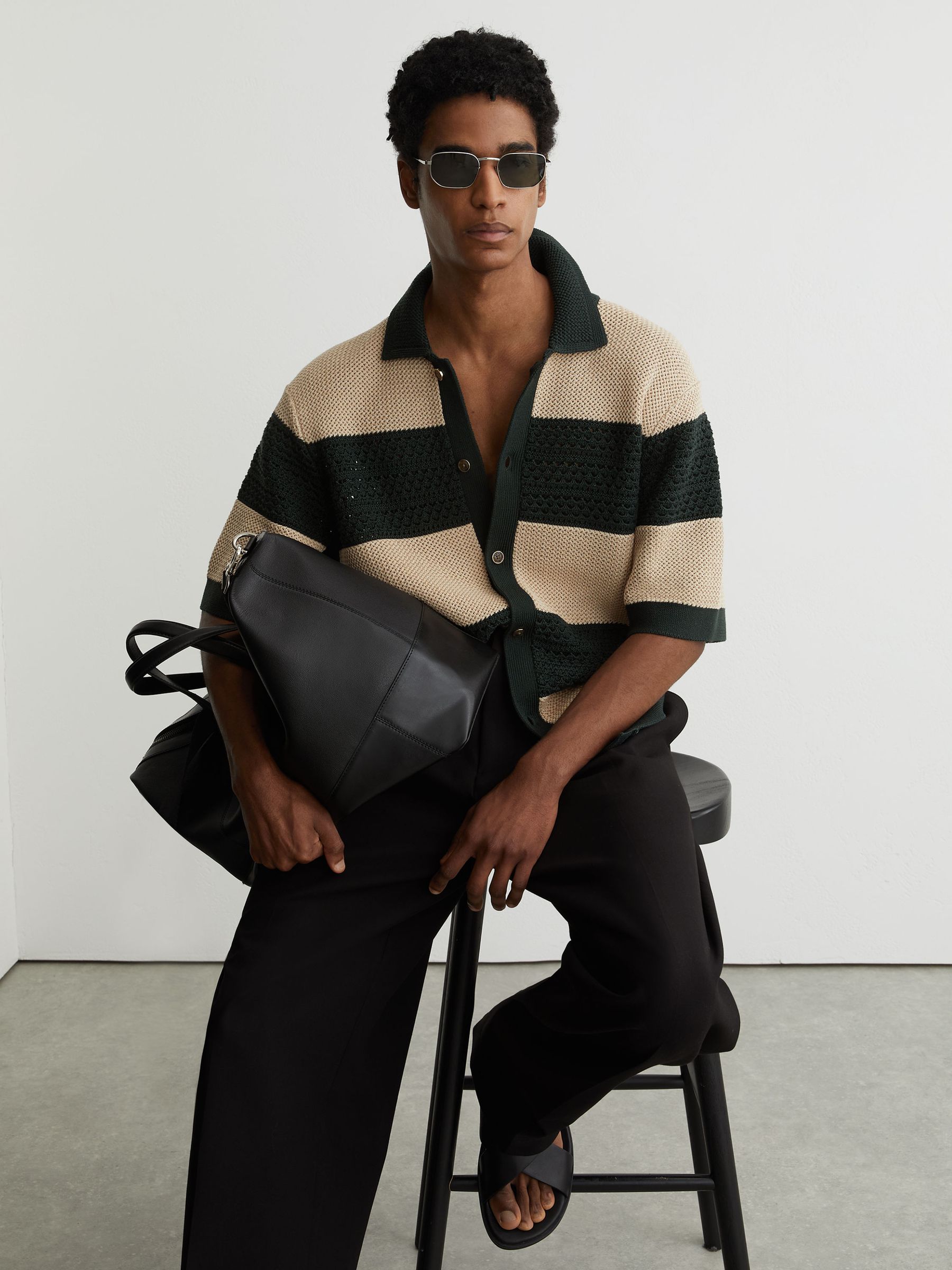 Buy Reiss Dark Green/Camel Marek Cotton Block-Stripe Knitted Shirt