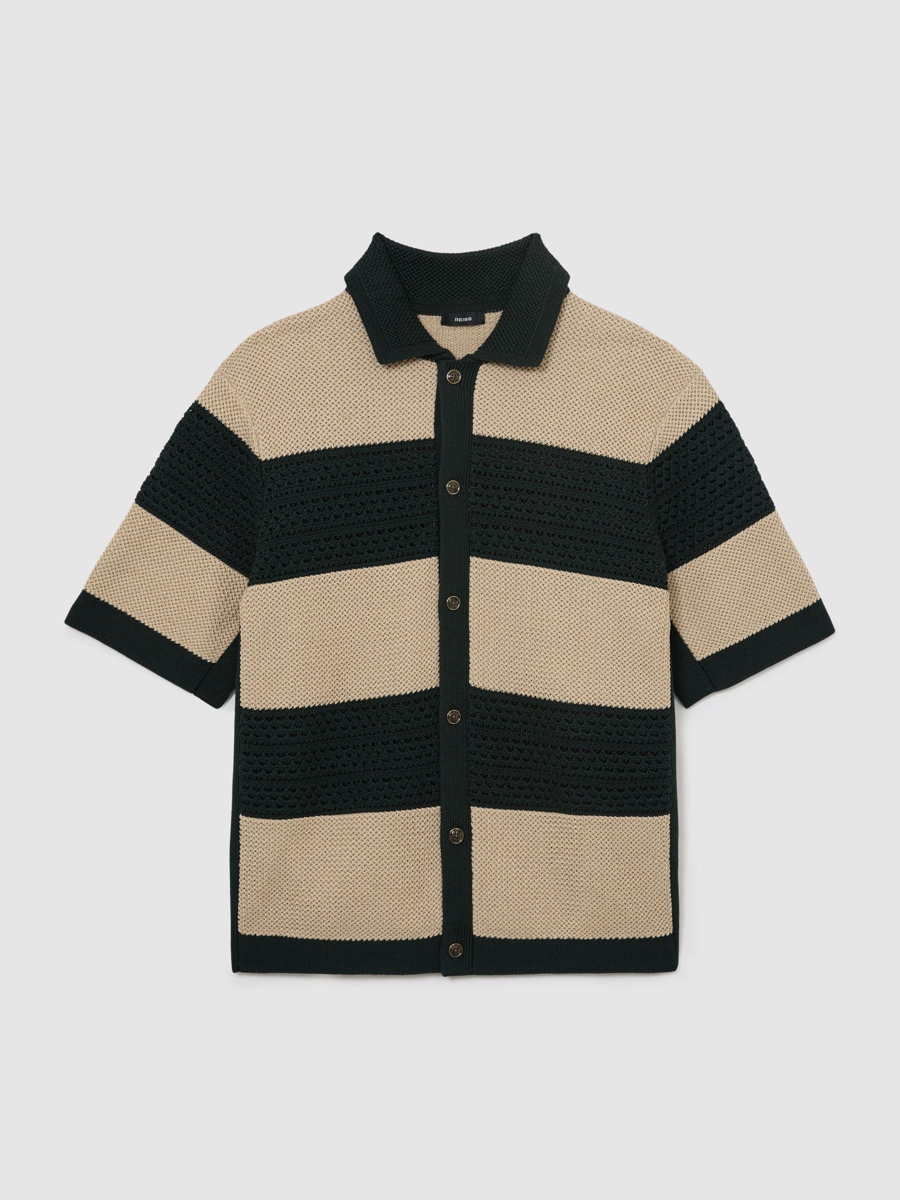 Buy Reiss Dark Green/Camel Marek Cotton Block-Stripe Knitted Shirt
