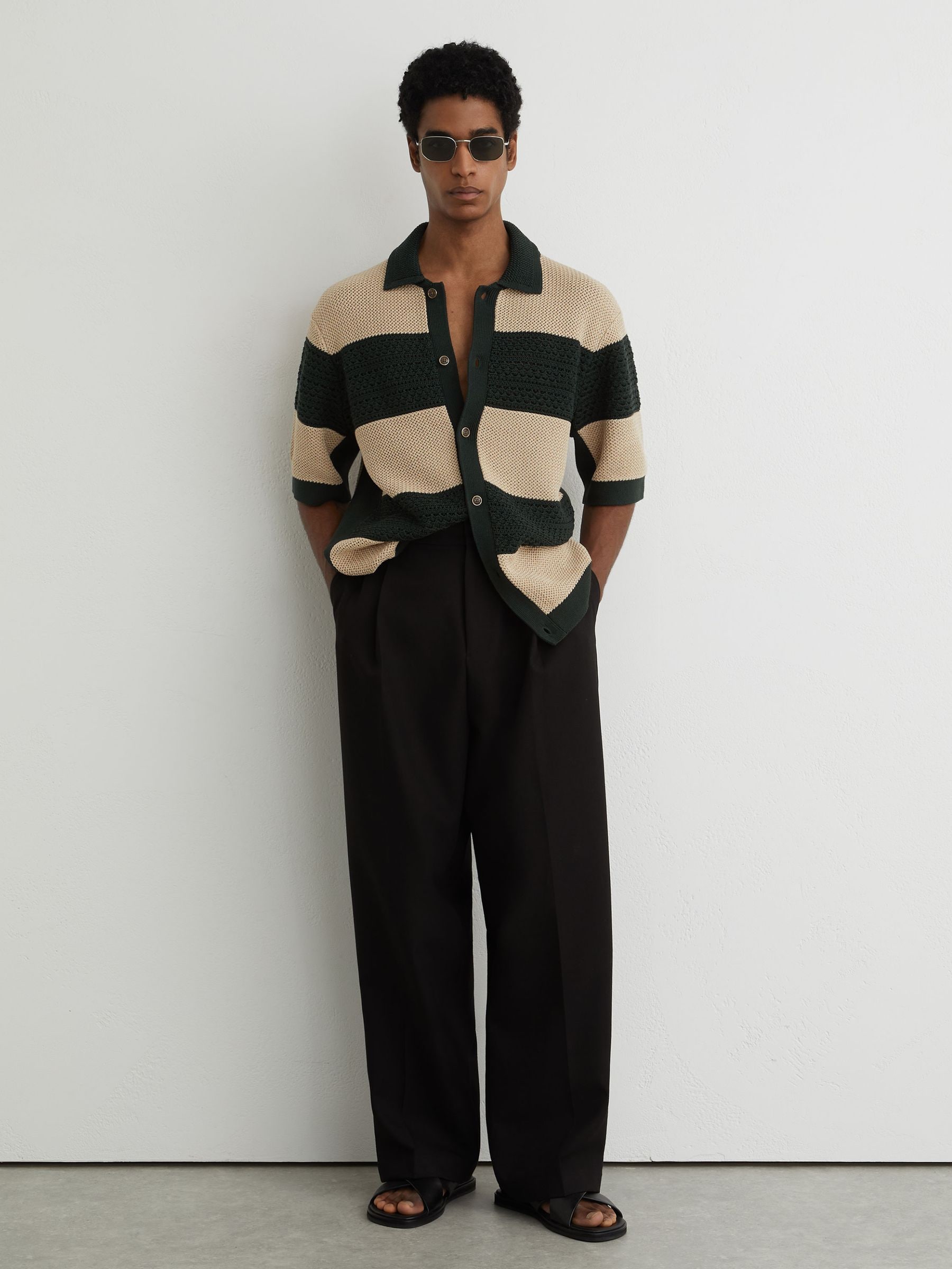 Buy Reiss Dark Green/Camel Marek Cotton Block-Stripe Knitted Shirt