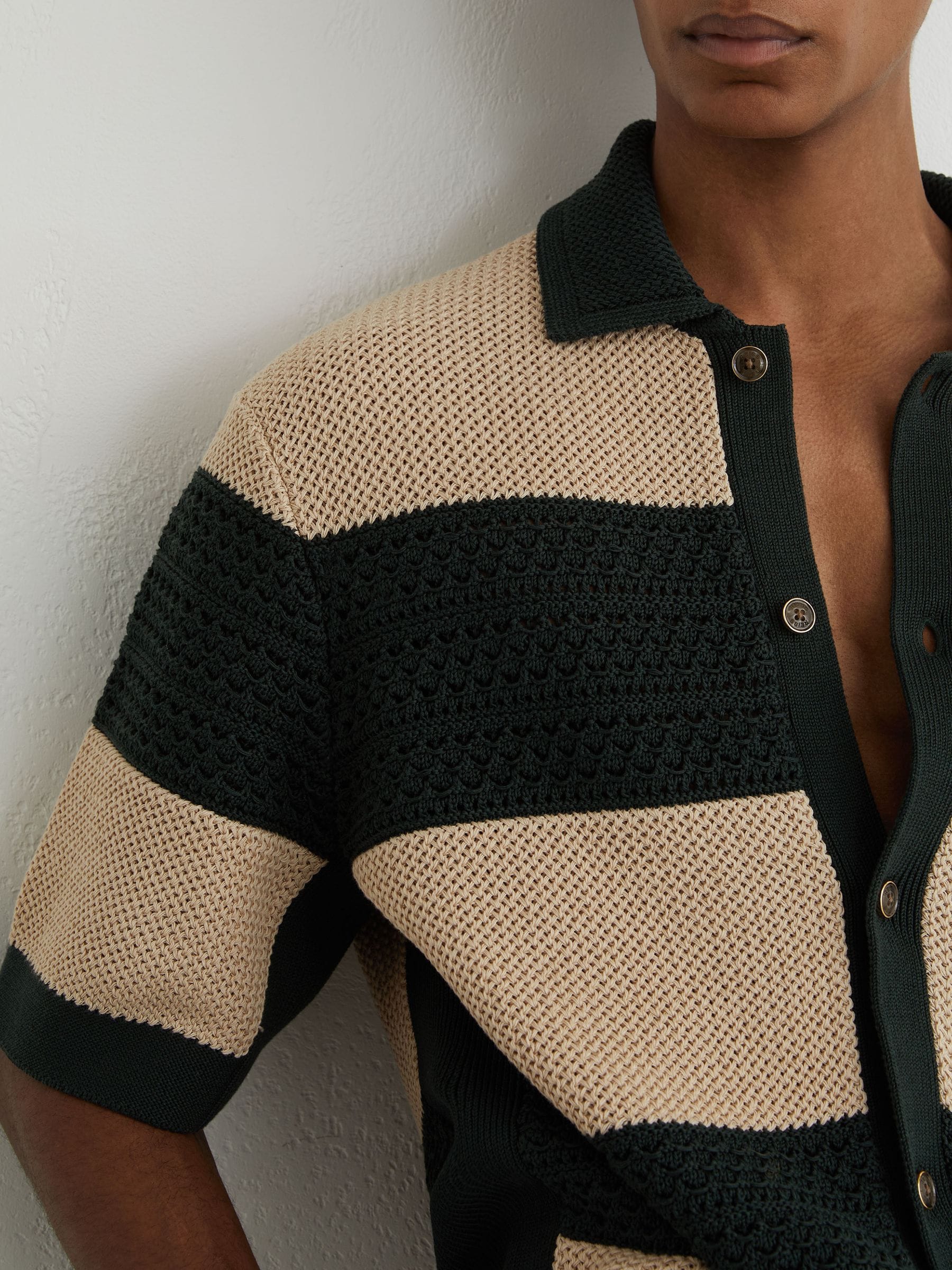 Buy Reiss Dark Green/Camel Marek Cotton Block-Stripe Knitted Shirt